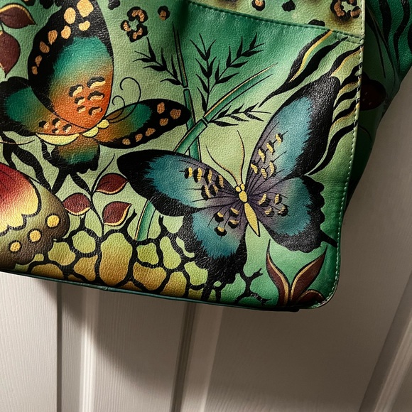 Anuschka Hand-Painted Butterfly Design Green Leather Tote - Picture 2 of 16
